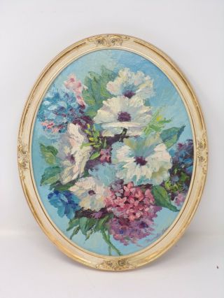 Vtg 14 " Floral Oil Painting Wall Art Signed Marcelle Kerr Ornate Oval Frame 432