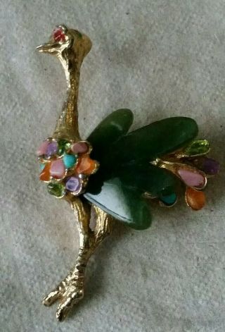 Vintage Early Swoboda Rare Jade Jadeite/gems Ostrich/emu Bird Figural Brooch/pin