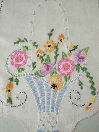 Vintage Hand Embroidered Dresser Scarf / Runner Floral Basket 42 " X 12 "
