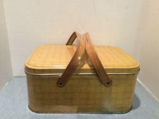 Vintage Golden Yellow Tin Picnic Basket Wood Grain Handles Basket Weave Pattern