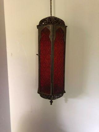 Vintage Moroccan Style Lantern Candle Holder Metal Red Glass Hanging