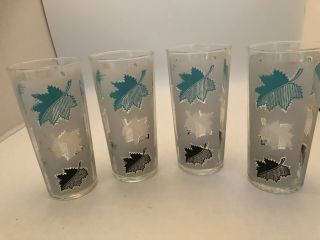 Set Of 4 Vtg Libbey Drinking Glasses White Turquoise Black Leaves 6.  25 " Barware