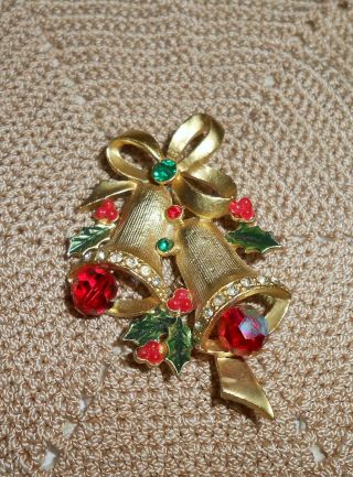 Vintage Enamel Christmas Bells Brooch Pin Rhinestone Ab Crystal Dangle Bead C108