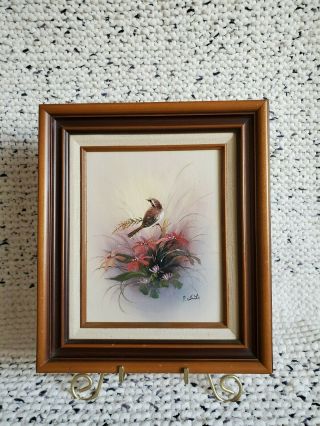 Vintage P.  White Oil Painting Of Bird In Flower Bush,  Signed