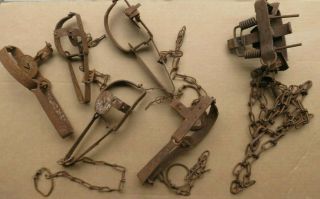 6 Antique Vintage Iron Animal Traps Oneida Victor Bridger