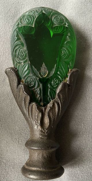 Antique Rose Green Czech Cut Art Glass And Bronze Floral Lamp Finial
