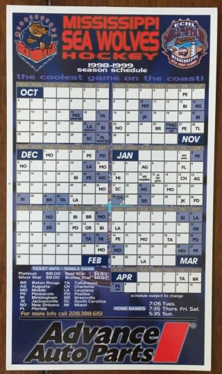 1998/99 Echl Mississippi Sea Wolves Hockey Magnet Schedule