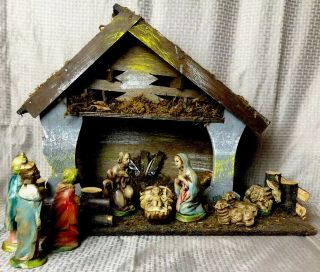 Antique Wood Crèche With Finely Hand Painted Figures Signed Italy
