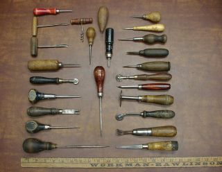 Old Tools,  25 Vintage & Antique Wood Handle Tools,  Carpenter,  Cobbler,  Graver