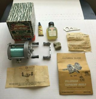 Vintage Pflueger Supreme 1573 Fishing Reel With Accessories Paperwork Vg,