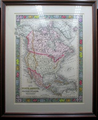 Antique Framed 1860 North America Map Vibrant Hand Colored