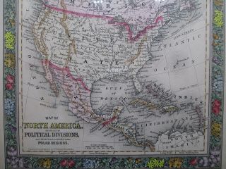 Antique Framed 1860 NORTH AMERICA MAP Vibrant Hand Colored 2