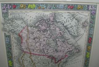 Antique Framed 1860 NORTH AMERICA MAP Vibrant Hand Colored 3