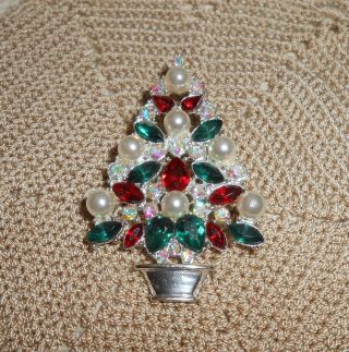 Vintage Faux Pearl & Ab Rhinestone Christmas Tree Brooch Pin Silver - Tone C93