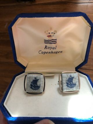 Vintage Royal Copenhagen Ship Porcelain Cufflinks Denmark With Case