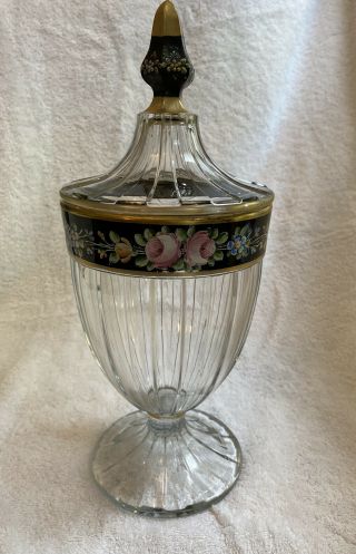 Antique Vintage Heisey Recessed Glass Candy Jar W/ Lid Enamel And Gold Signed