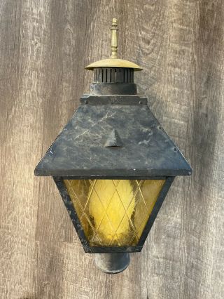Vintage Outdoor Lantern Porch Light Fixture Diamond Pattern Amber/ Yellow Glass