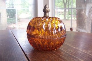 Vintage Indiana Glass Mt Vernon Amber Candy Box/lid And Brass Pineapple Finial