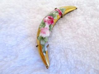 Antique Victorian Hand Painted Roses Porcelain Crescent Brooch Pin