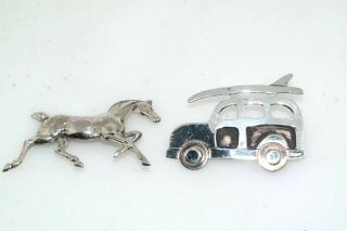 2 Vtg Sterling Silver Pin Brooch Beau Galloping Horse Far Fetched Woody Surfbord