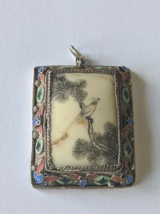 Antique Chinese Sterling Silver Filigree Enamel Scrimshaw Bird Pendant