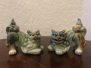 Vintage Porcelain Pair Asian Chinese Foo Dogs Green Brown