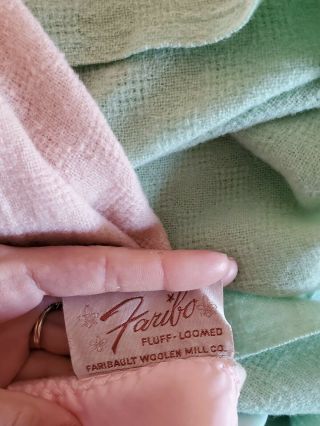 Vtg 2 Pink Green Faribo Satin Trim Waffle Weave Blankets Faribault Woolen Mills