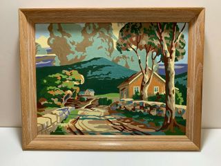 Vtg Paint By Numbers Pbn Framed Art Countryside Cottage Bridge Mountain Rare