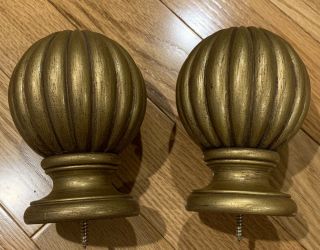 Pair Drapery Curtain Rod Finials Carved Wood Round Antiqued Gold Large