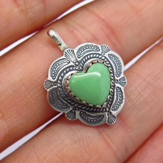 Q.  T.  Inc Old Pawn Vintage Sterling Chrysoprase Stamp Work Heart Tribal Pendant