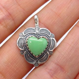 Q.  T.  Inc Old Pawn Vintage Sterling Chrysoprase Stamp Work Heart Tribal Pendant 2