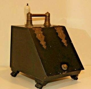 Antique Footed Brass & Metal Coal Box Scuttle Bucket Bin Insert Shovel Fireplace