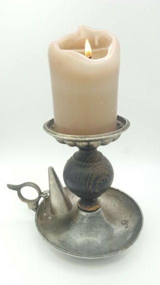 Antique Patina English Camber Style Pewter Candle Holder With Snuffer