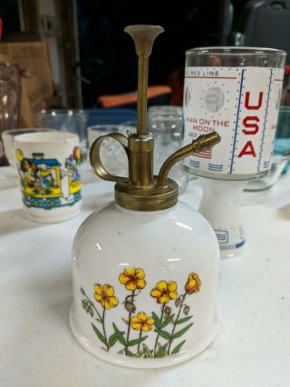 Vintage Glass Watering Can Mister Garden Flower Plant Spray Bottle Yellow Flower