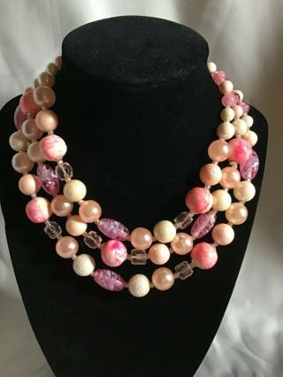 Vintage Bead Necklace.  1950s Japan Glass And Plastic Beads.  Multi 3 - Strand Pink.
