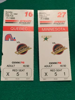 Vancouver Canuck Nhl Game Stubs,  Vs Dallas Stars,  And Quebec Nordiques