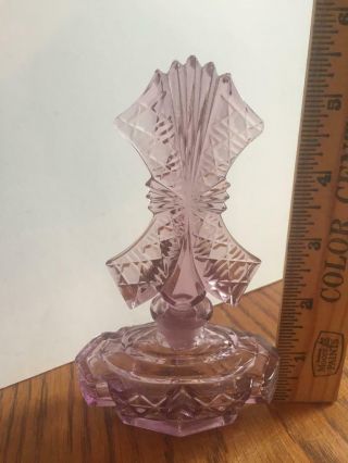 Antique Vintage Purple Art Deco Pressed Glass Perfume Bottle w/ Ornate Stopper 3