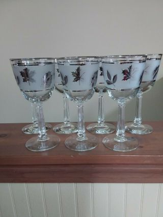 Vintage Libbey Silver Leaf Wine Glasses Set Of 7 Frosted 7 1/4 "