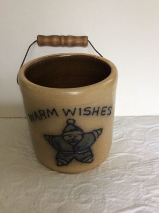 Primitive Maple City Pottery Crock Wire Handle Warm Wishes Santa Blue 1qt Bail