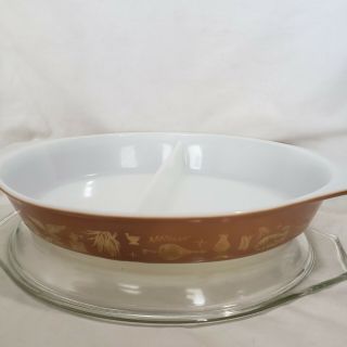 Vintage Pyrex Early American Cinderella 1.  5 Qt Divided Casserole Baking Dish Lid