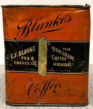 Antique Blanke ' s Oak Lawn Coffee Tin Can C.  F.  Blanke Tea Coffee Co.  St.  Louis Mo 2