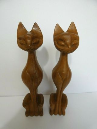 Vtg Set Of 2 Mid Century Teak Wood Carved Cats Sphynx Siamese Figures 10 " Decor