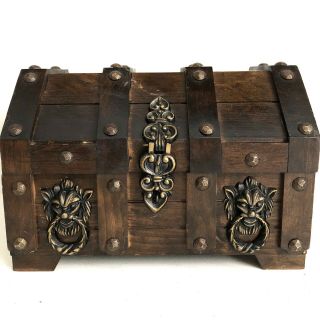 Pirate Treasure Chest Wood Jewelry Box Lion Head Gothic 9.  5” Vtg Mid Century