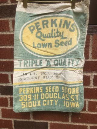 Antique Vtg Perkins Grass Seed Kentucky Blue Grass Seed Sack Bag Grain Farming