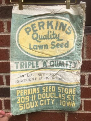 Antique VTG PERKINS GRASS SEED KENTUCKY BLUE GRASS Seed Sack Bag Grain Farming 2