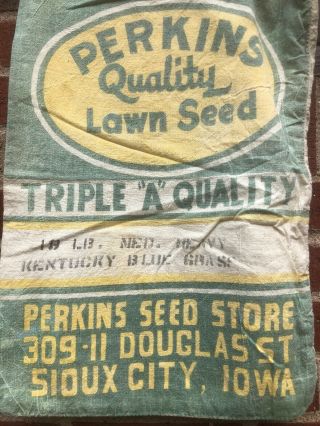 Antique VTG PERKINS GRASS SEED KENTUCKY BLUE GRASS Seed Sack Bag Grain Farming 3