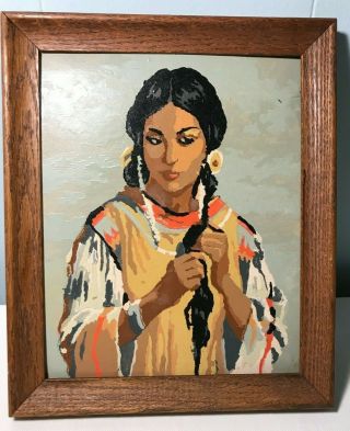 Vintage Paint - By - Number Finished Painting,  Native American Indian Girl 8 " X 10 "