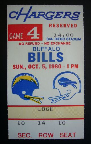 1980 San Diego Chargers Vs Buffalo Bills Nfl Ticket Stub
