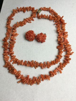 Antique Natural Mediterranean Salmon Coral Branch Bead Necklace And Coral Clips