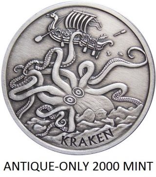 1 Oz Silver Coin Antique Kraken Pirate Silver Coin Anonymous Rim - Only 2000